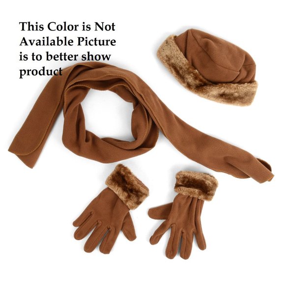 Womens BEIGE Winter FLEECE & FAUX FUR Hat Scarf Gloves - Picture 3 of 3